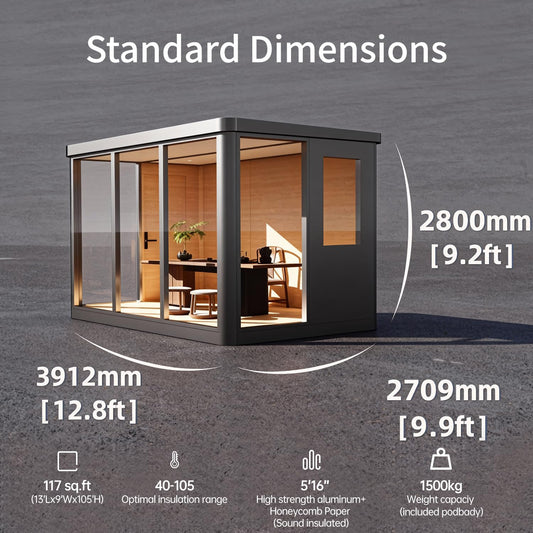 Modern Prefabricated Backyard Office Pod | 117 sq.ft Luxury Multi-Purpose ADU Garden Studio | Soundproof Aluminum Modular Cabin for Gym, Bedroom & Office - T10