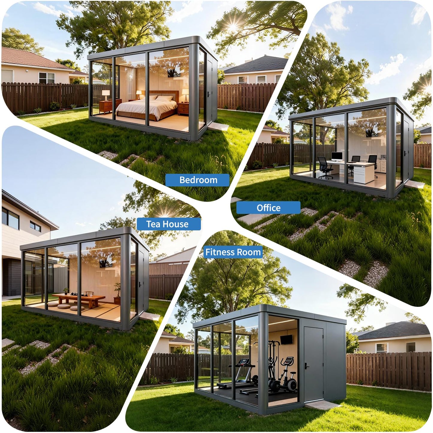 Modern Prefabricated Backyard Office Pod | 117 sq.ft Luxury Multi-Purpose ADU Garden Studio | Soundproof Aluminum Modular Cabin for Gym, Bedroom & Office - T10