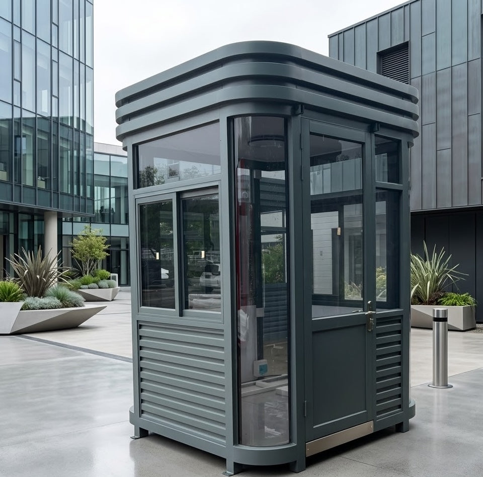 Modern dark grey prefab security booth with glass windows located at a commercial business park entrance