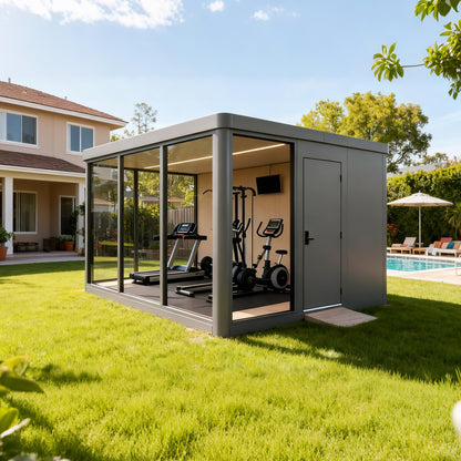 Modern Prefabricated Backyard Office Pod | 117 sq.ft Luxury Multi-Purpose ADU Garden Studio | Soundproof Aluminum Modular Cabin for Gym, Bedroom & Office - T10